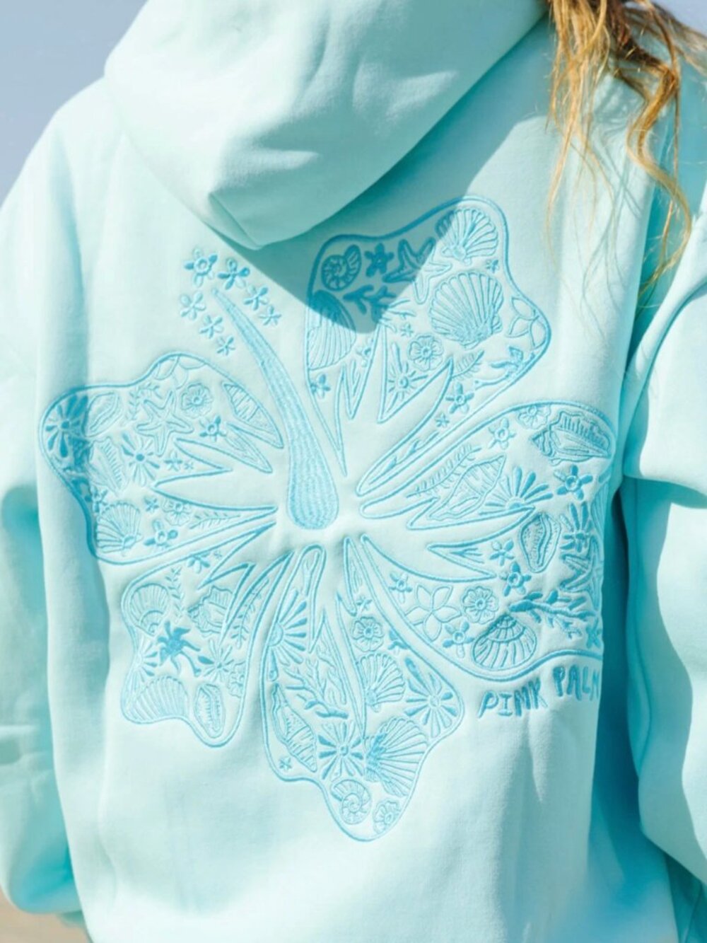 🌴 Pink Palm Puff "Hawaii Hibiscus" Hoodie Aquamarine Blue Size X-Small NWT!